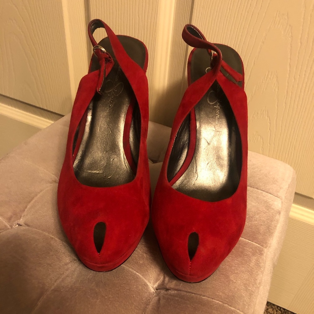 Red Suede Stacked Heels: Jessica Simpson